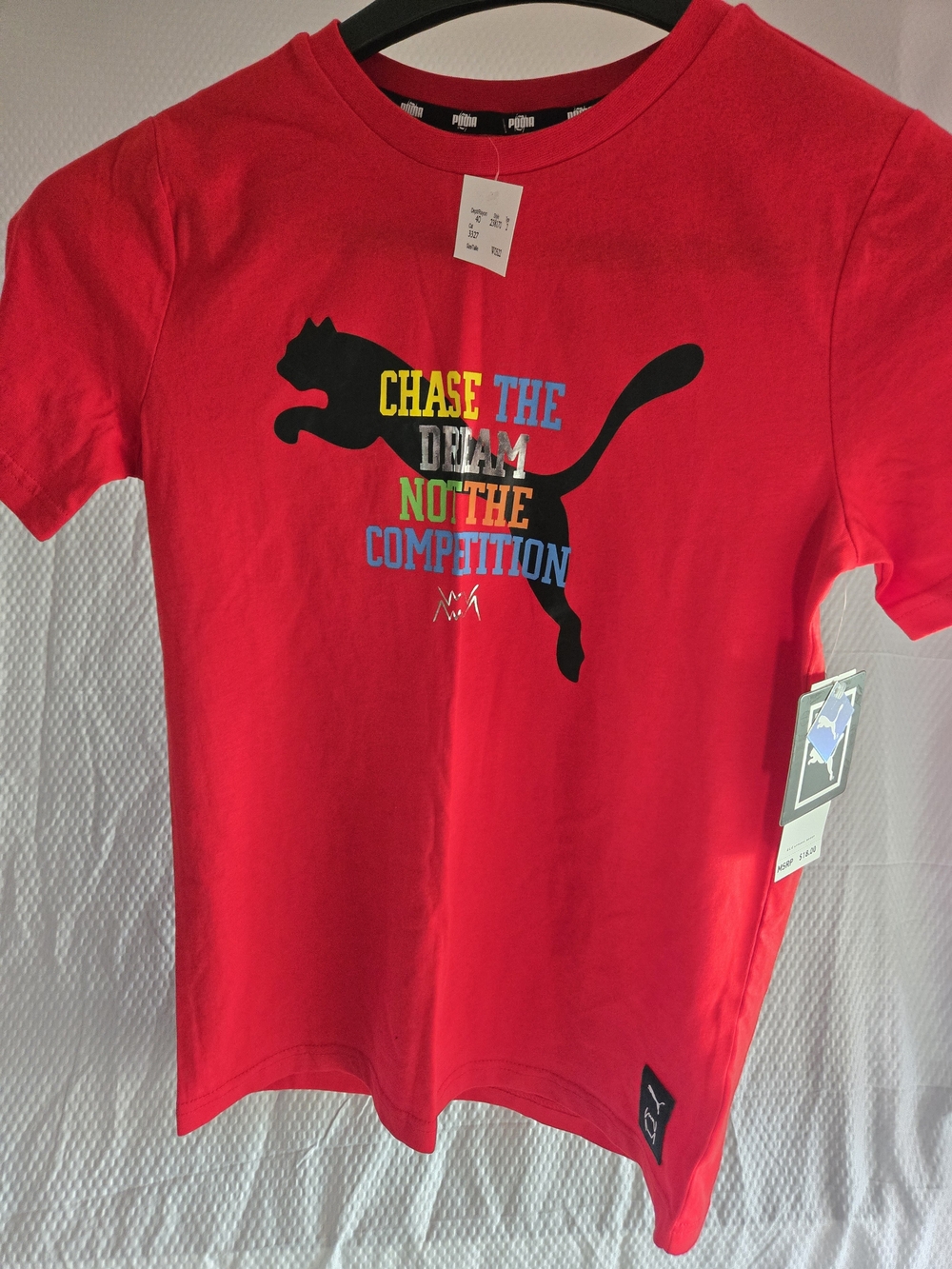 Puma Red Short Sleeve Tee with Black Puma Graphic and Multicolor Slogan